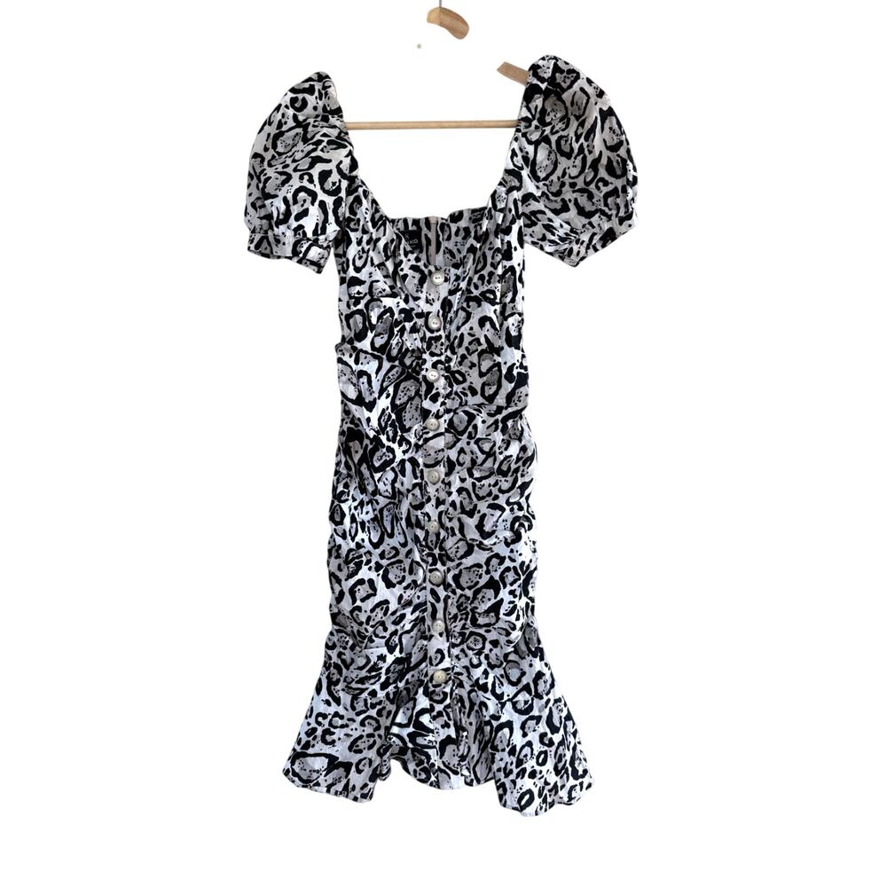 PINKO Italy white brown animal leopard print puff sleeve fitted mini dress